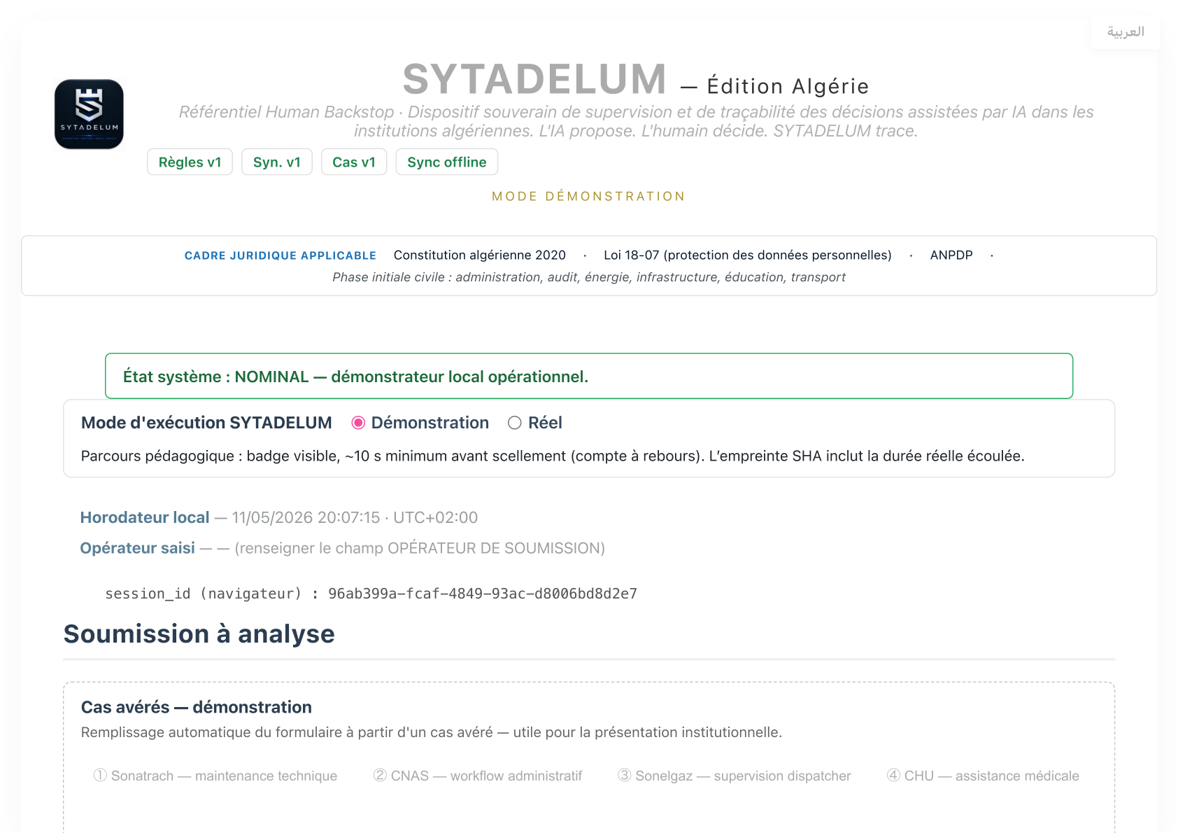 Tableau de bord SYTADELUM — vue opérateur en mode démonstration