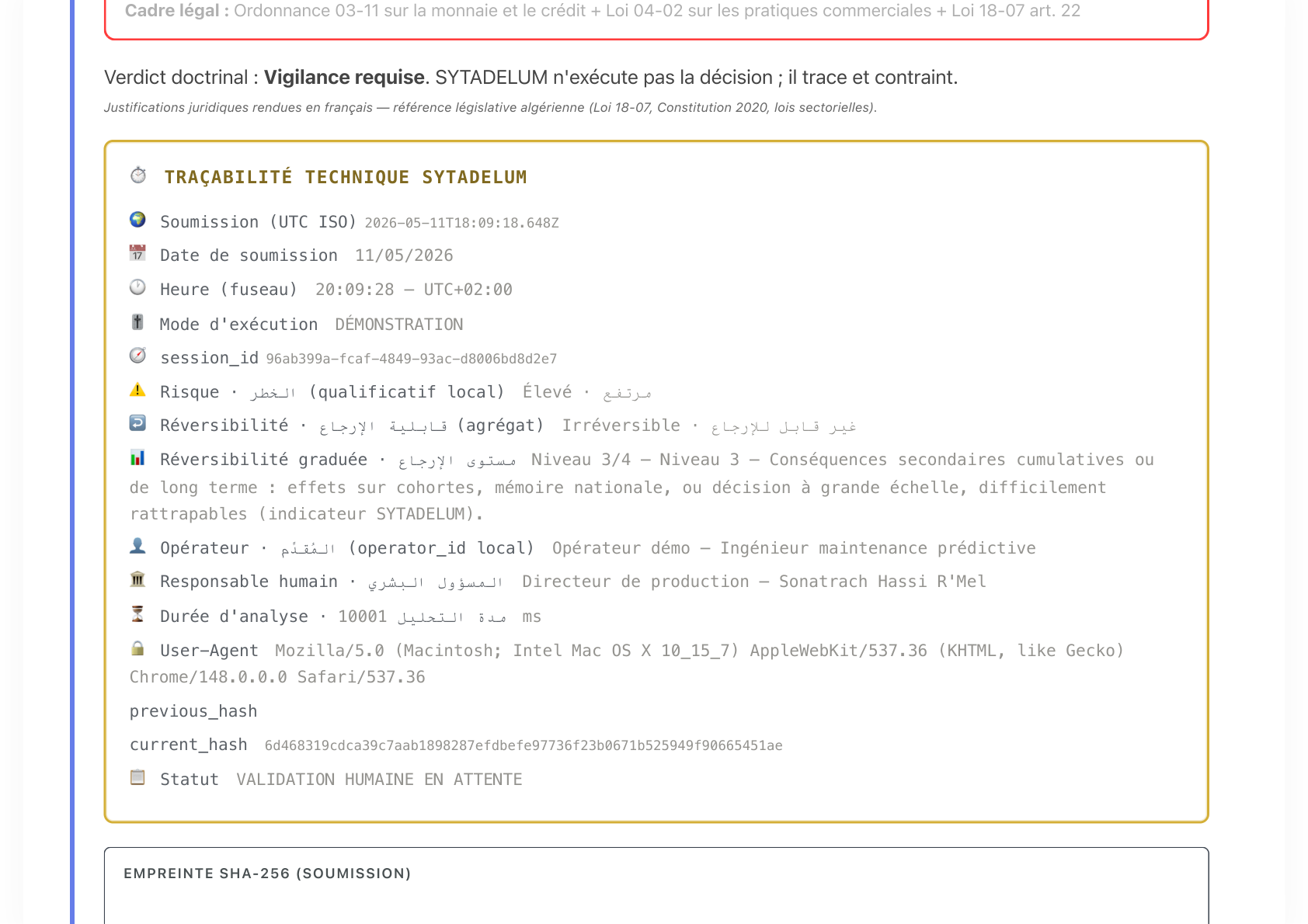 Résultat d'analyse SYTADELUM — verdict Vigilance requise et traçabilité technique
